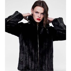 Zara NWT Black Faux Fur Biker Jacket L
